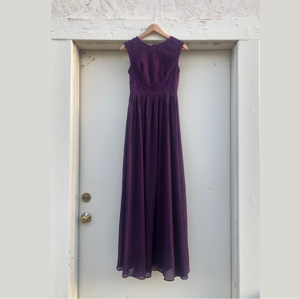 Flowy Long Purple Dress with Lace Bodice and Sheer Skirt